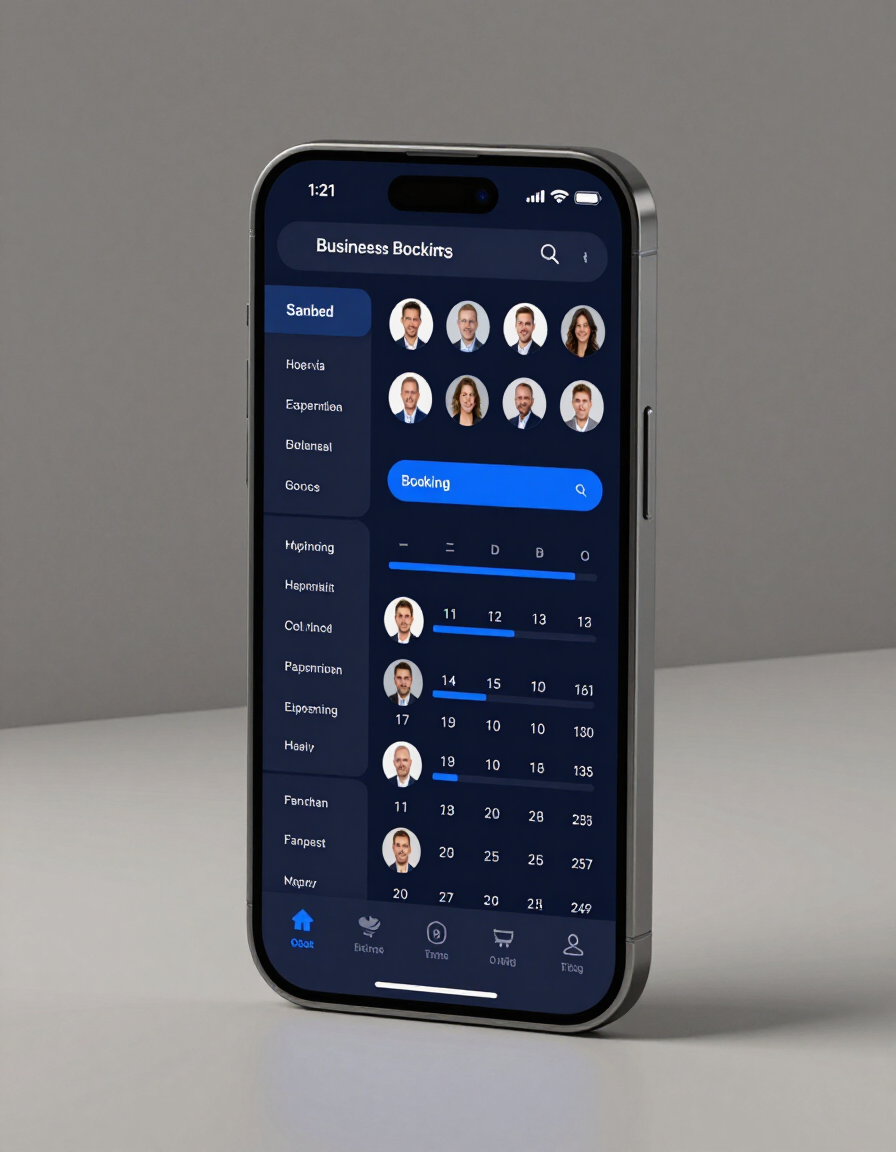 Branded booking screen with services and staff selection on a smartphone