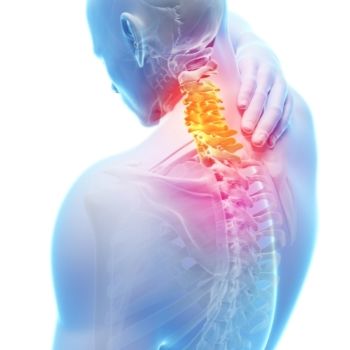 a man is holding his neck in pain in the upper back .