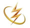A gold lightning bolt is surrounded by a circle on a white background.