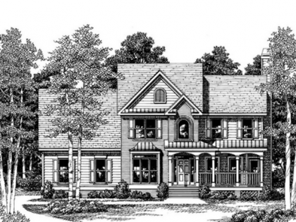 A black and white drawing of a house with trees in the background