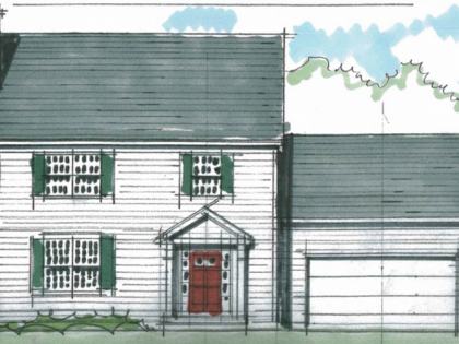 A drawing of a white house with green shutters