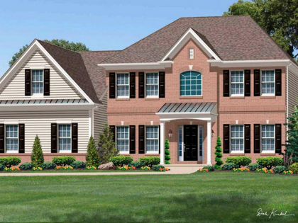 A large brick house with white siding and black shutters