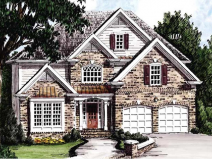 A drawing of a brick house with two garage doors
