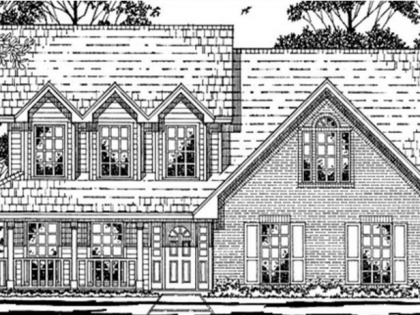 A black and white drawing of a brick house