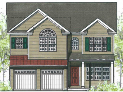 A drawing of a house with two garage doors