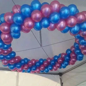 Blauwe en roze ballonnen zijn in een cirkelvormige boog gerangschikt.