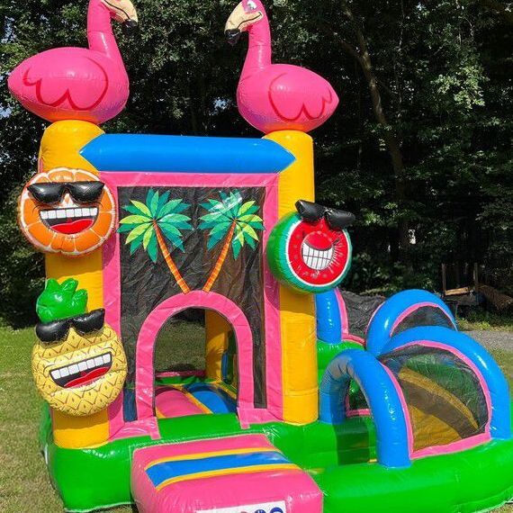 Felgekleurd opblaasbaar springkussen met flamingo's, palmbomen en fruitgezichten.