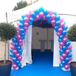 Een blauwe en roze ballonboog omlijst de ingang van een witte tent. Twee potplanten flankeren de boog.