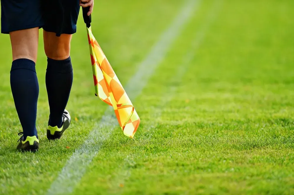 Soccer Assistant Referee Holding a Yellow-orange Flag Beside the Sideline on a Green Field — Tropical Lawns in Mulgrave, QLD