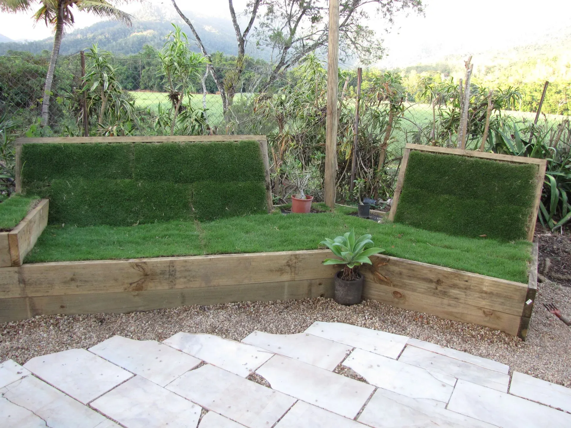 Garden Seating Area With Wooden Benches, Grass Panels — Tropical Lawns in Mulgrave, QLD