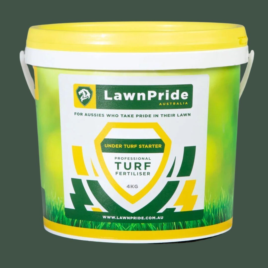 Yellow-and-green Lawnpride Turf Fertiliser Bucket With White Lid and Label — Tropical Lawns in Mulgrave, QLD