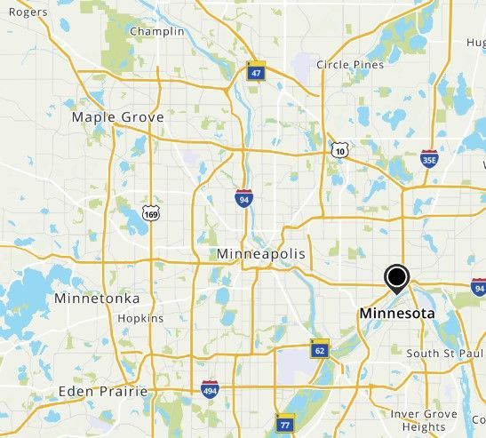 Map of Minneapolis, Minnesota, showing surrounding cities like Maple Grove, Minnetonka, and St. Paul.