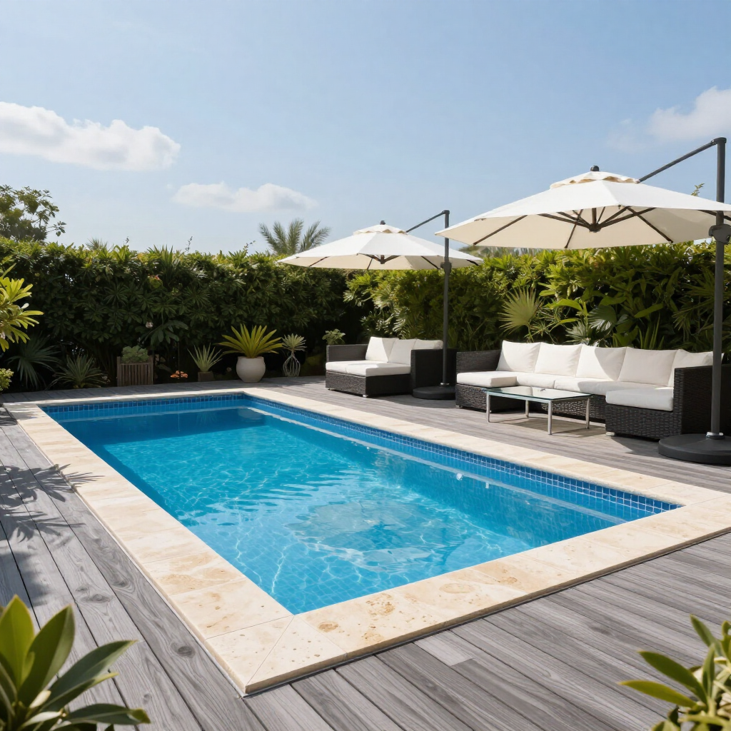 Modern backyard patio with a blue swimming pool, white lounge seating, and umbrellas under a clear sky