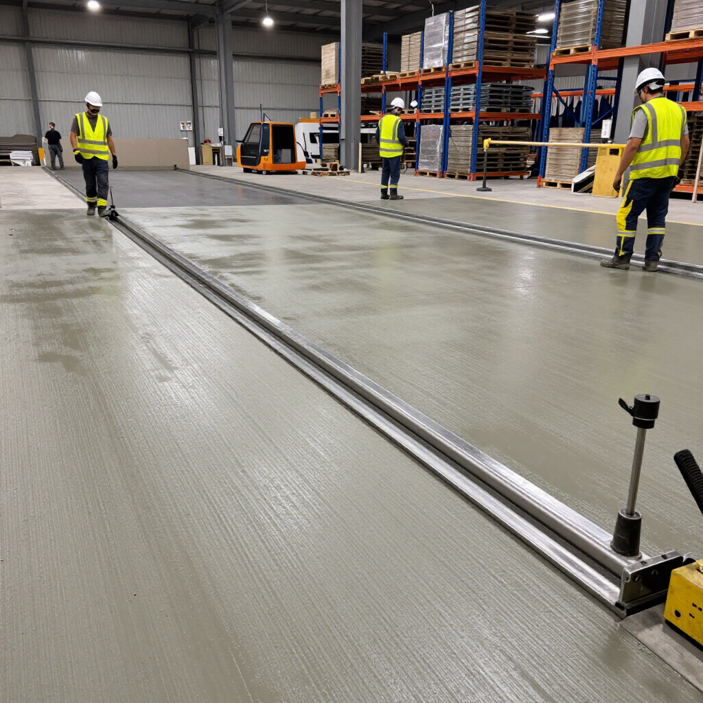 Workers in yellow vests marking lines on a polished warehouse floor with long metal rails