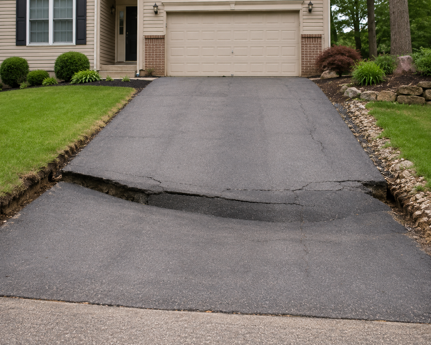 Cracked asphalt driveway leading to a beige garage and house exterior