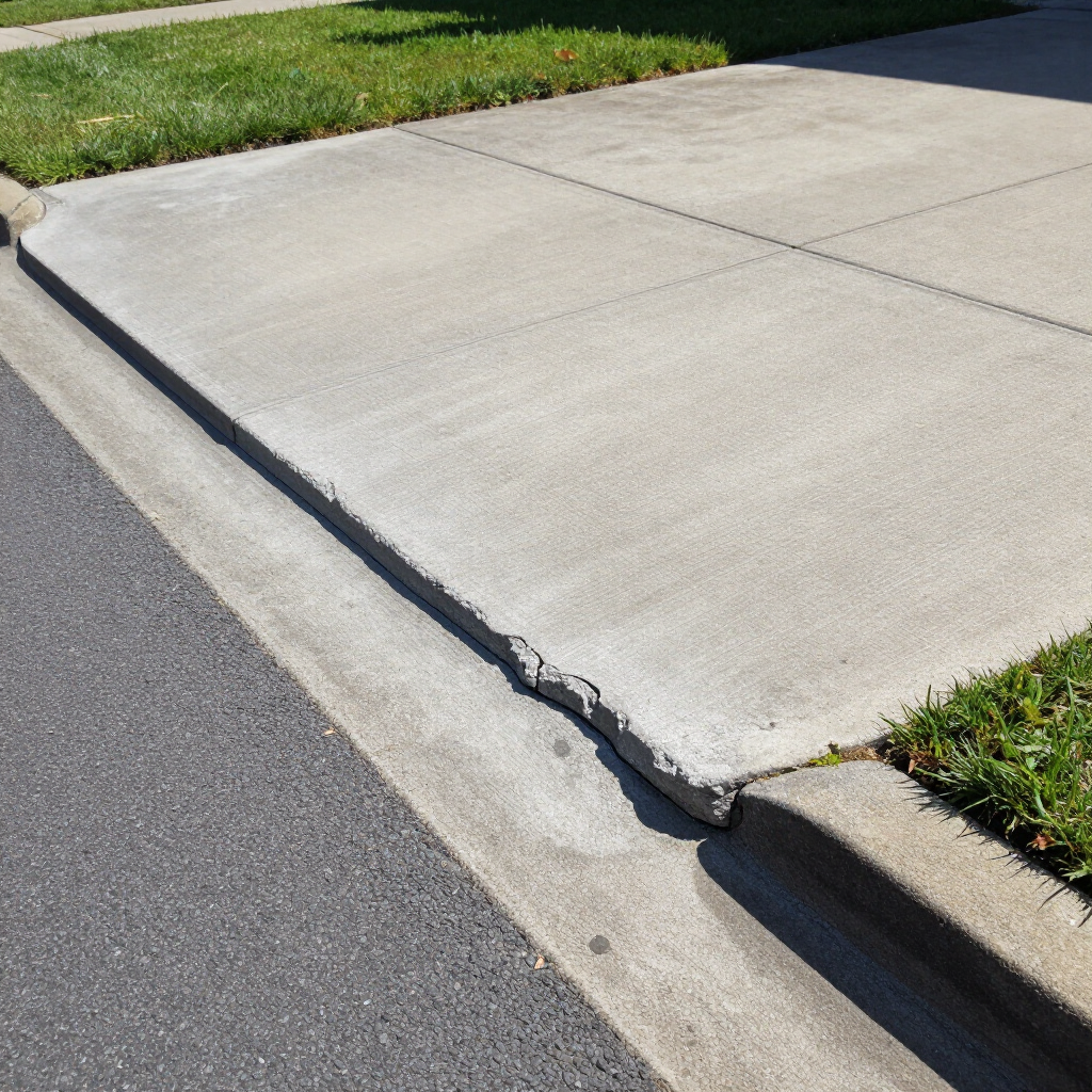 Damaged concrete driveway ramp with a cracked, broken curb edge beside asphalt street and grass