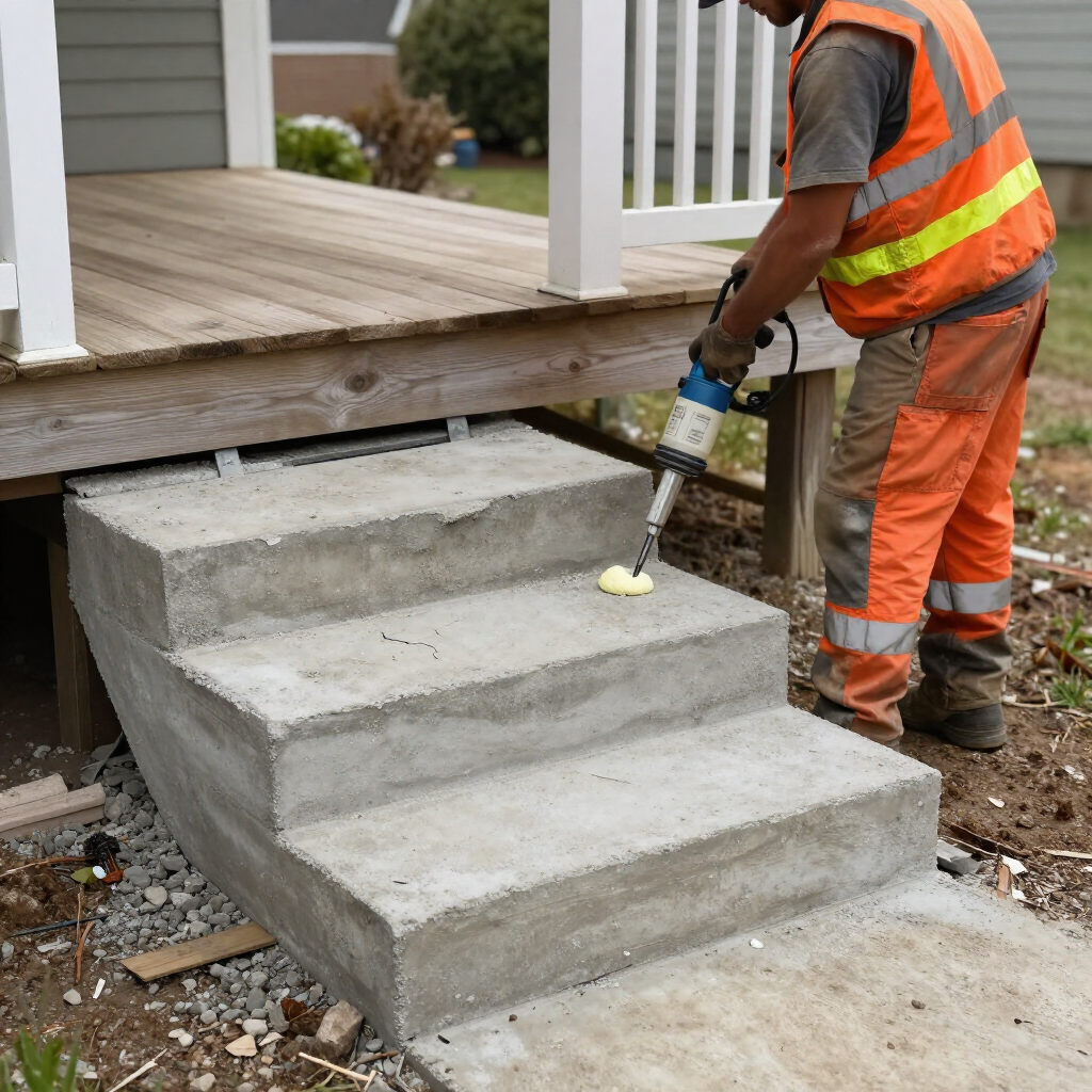 Worker spraying concrete on outdoor steps beside a porch