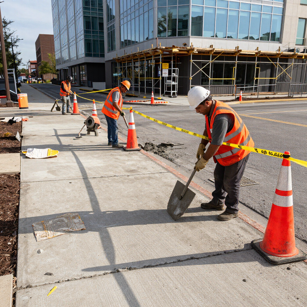Construction workers repairing a sidewalk beside a glass building, with orange safety cones and caution tape.