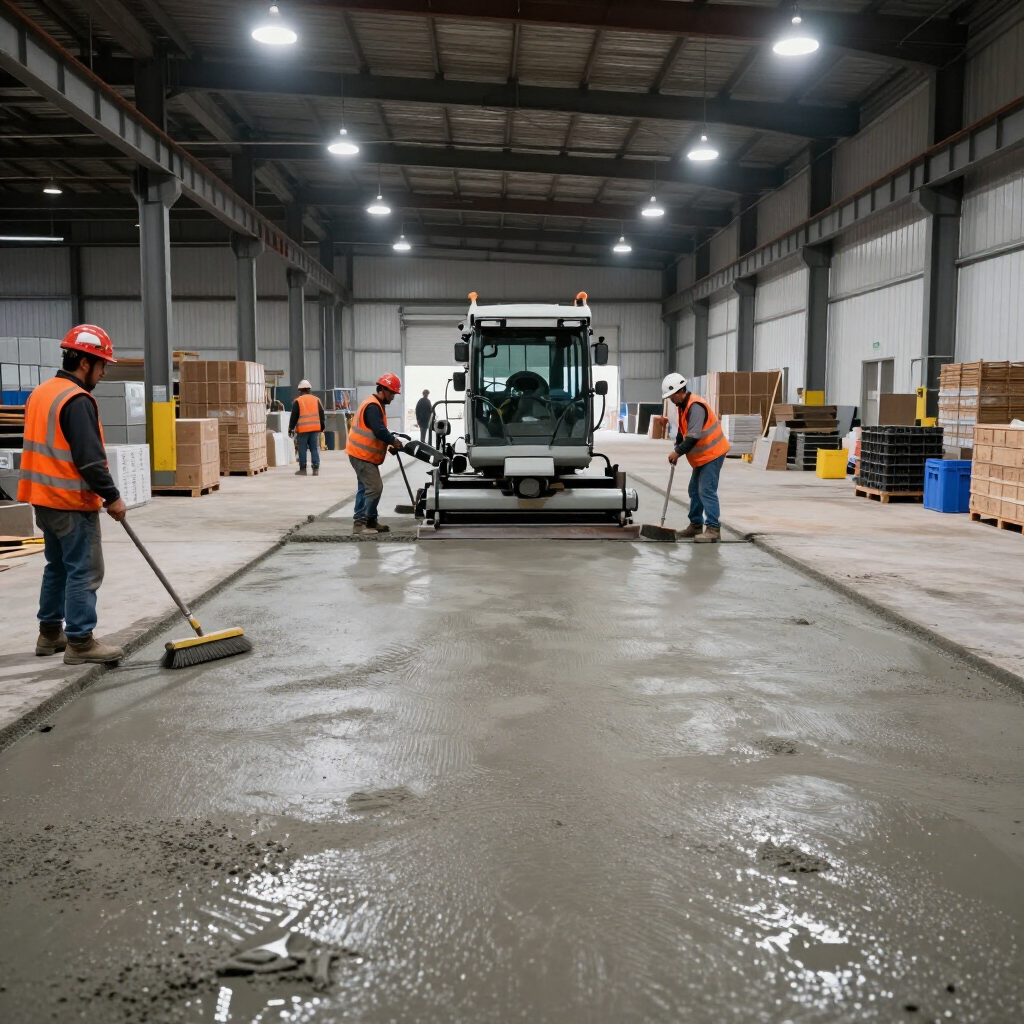 Workers clean a warehouse floor with a riding scrubber and mops under overhead lights.