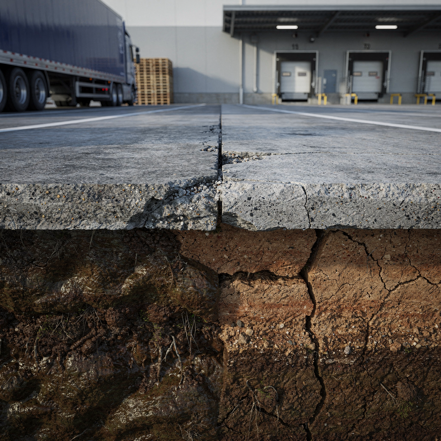Cracked industrial loading dock pavement with a visible sinkhole beneath the surface