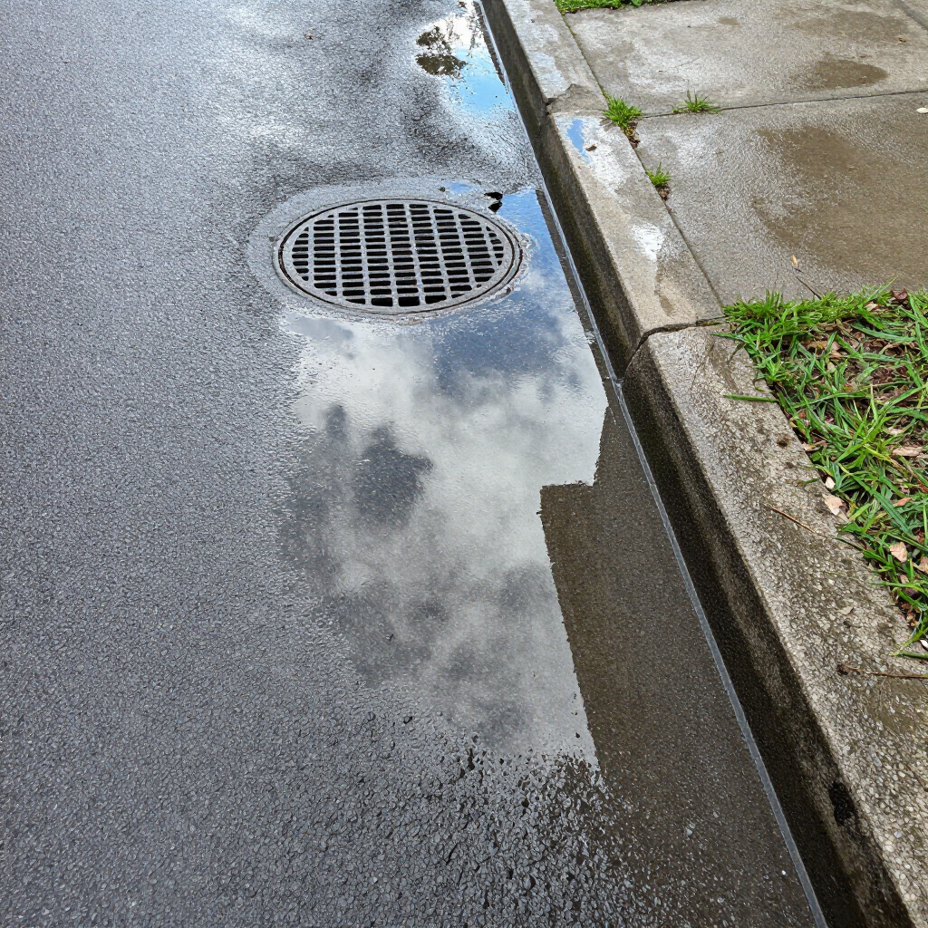 Wet street beside a curb and storm drain, with cloudy sky reflected in the puddle.
