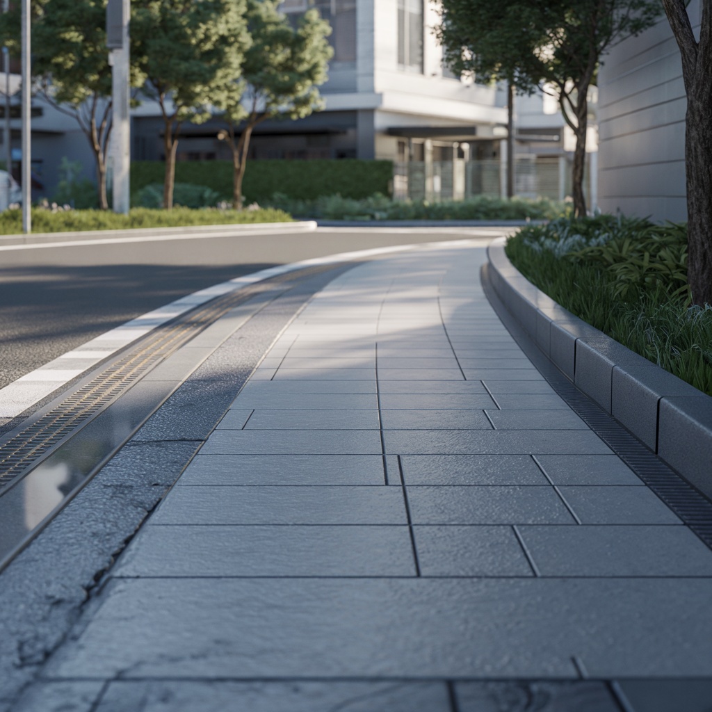 Curved city sidewalk beside a quiet street, with trees, modern buildings, and low greenery.