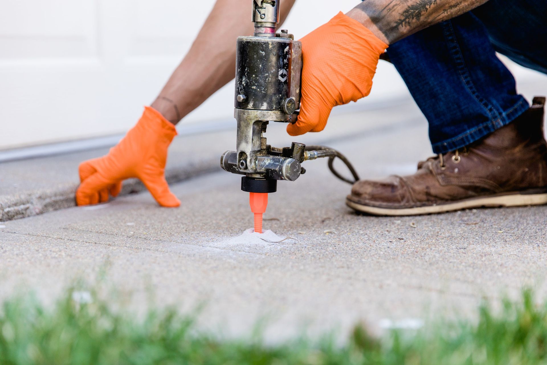 Worker using a concrete saw to cut pavement, wearing orange gloves and boots.