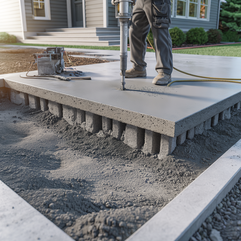 Construction worker pouring concrete slab over gravel foundation beside a house