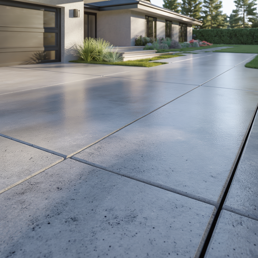 Modern concrete driveway beside a contemporary house with landscaped greenery and garage door