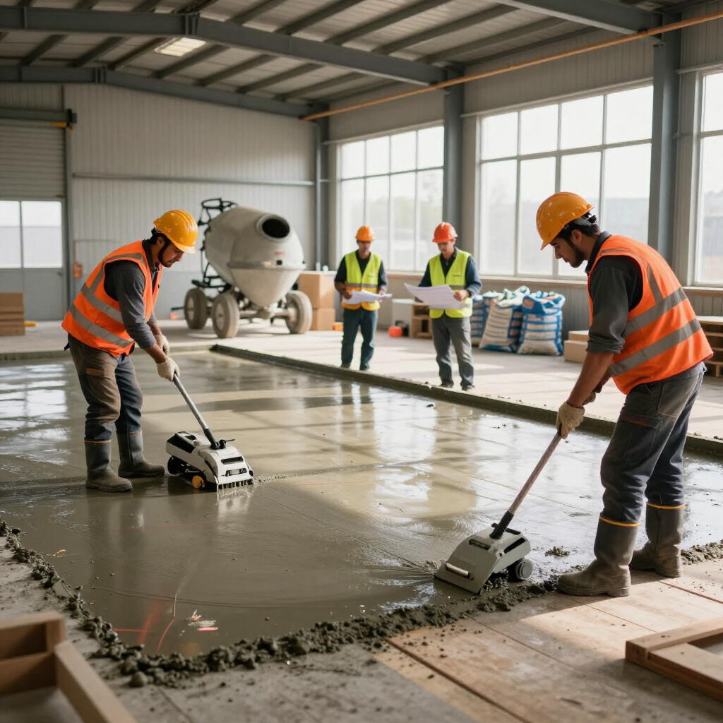 Workers in orange vests smoothing wet concrete in a large industrial warehouse
