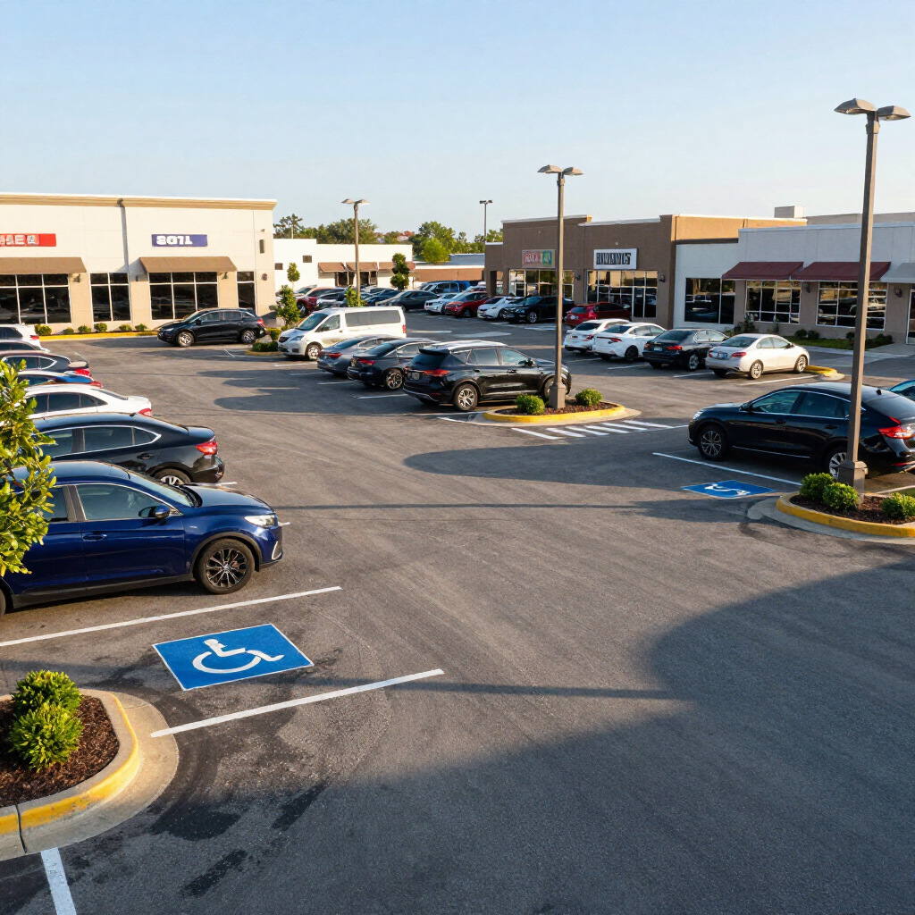 Parking lot with accessible parking space markings in front of a shopping center with parked cars.