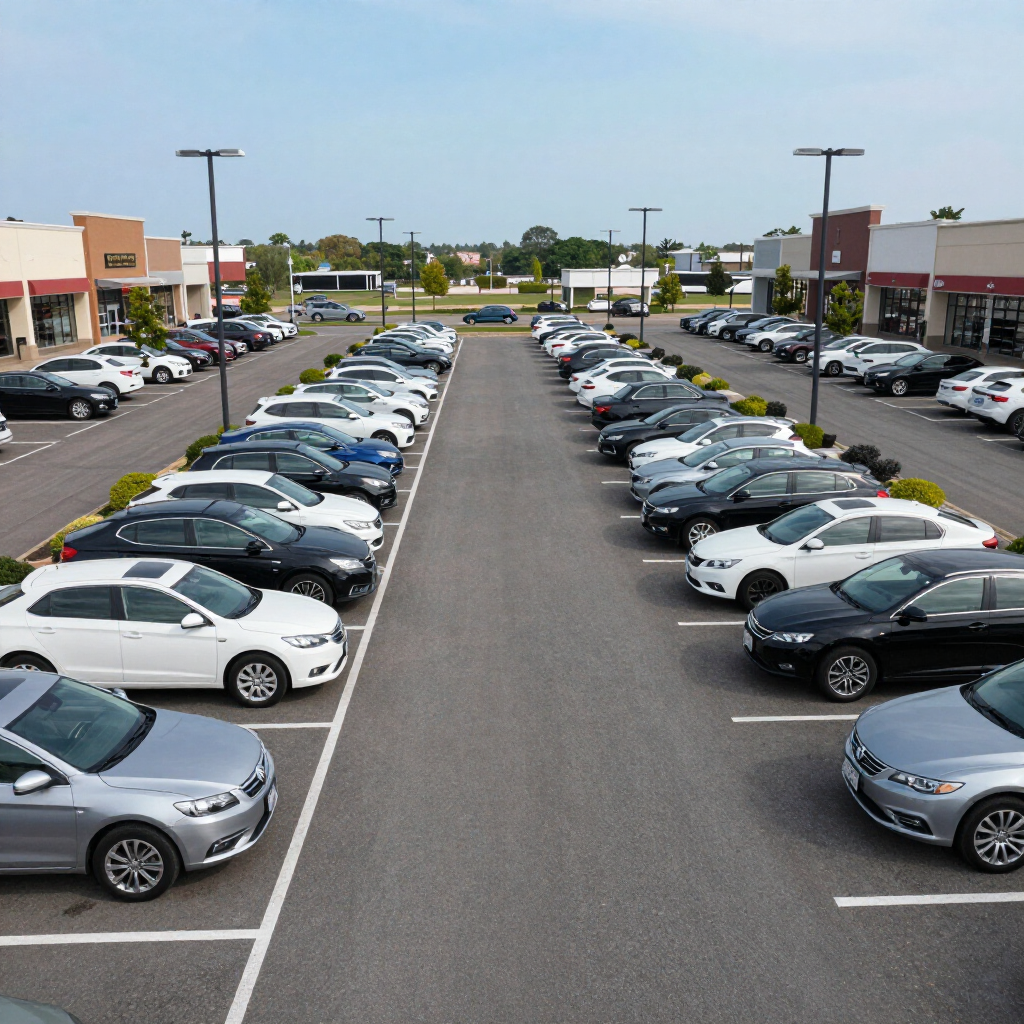 Parking lot lined with rows of parked cars beside storefronts on a sunny day
