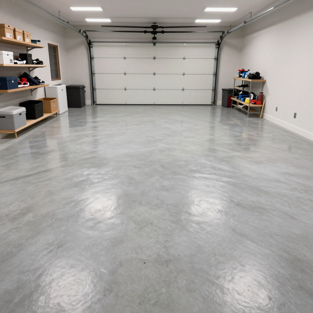 Empty garage with polished gray floor, white walls, and storage shelves along both sides