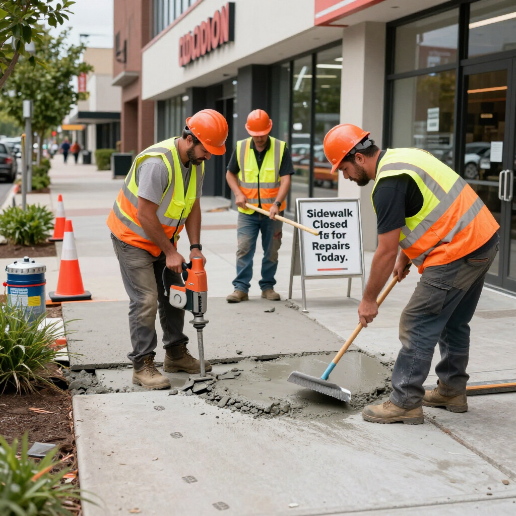 Workers in orange hard hats repairing a cracked sidewalk outside a store