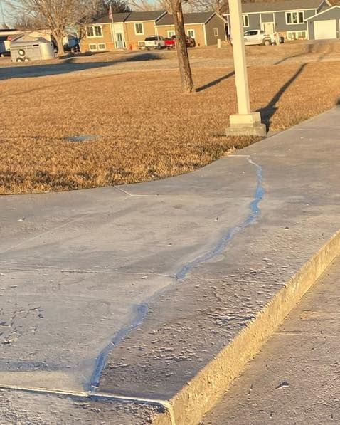 Cracked sidewalk curb with a blue repair line beside a grassy neighborhood lawn and houses in the distance