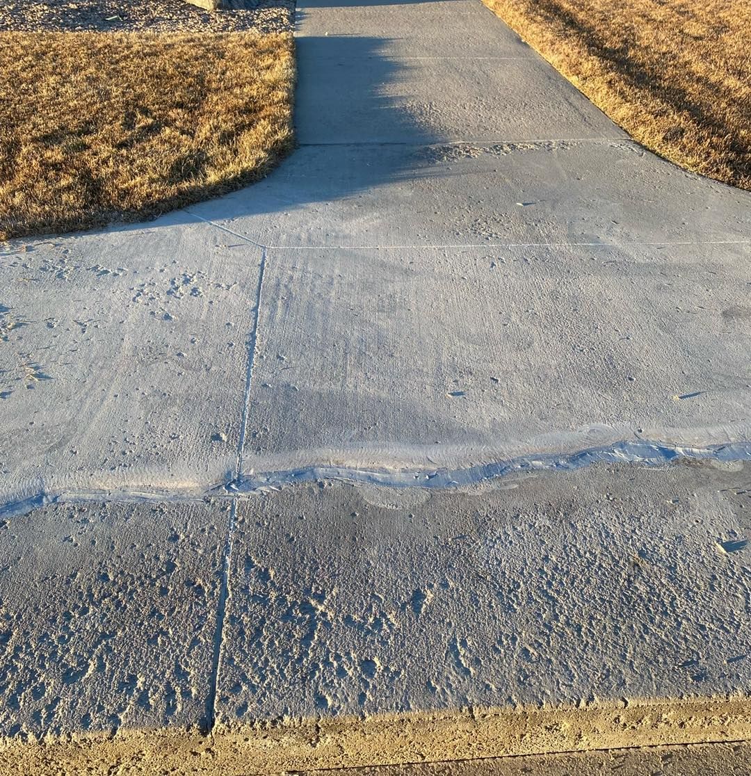 Cracked concrete sidewalk with a raised seam, bordered by dry grass on both sides.