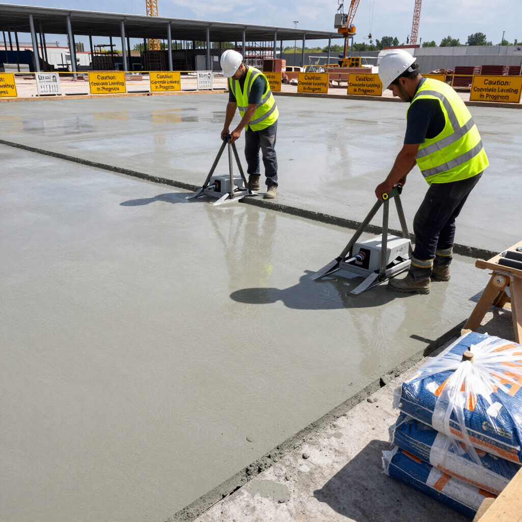 Two workers in reflective vests smoothing wet concrete on a construction site