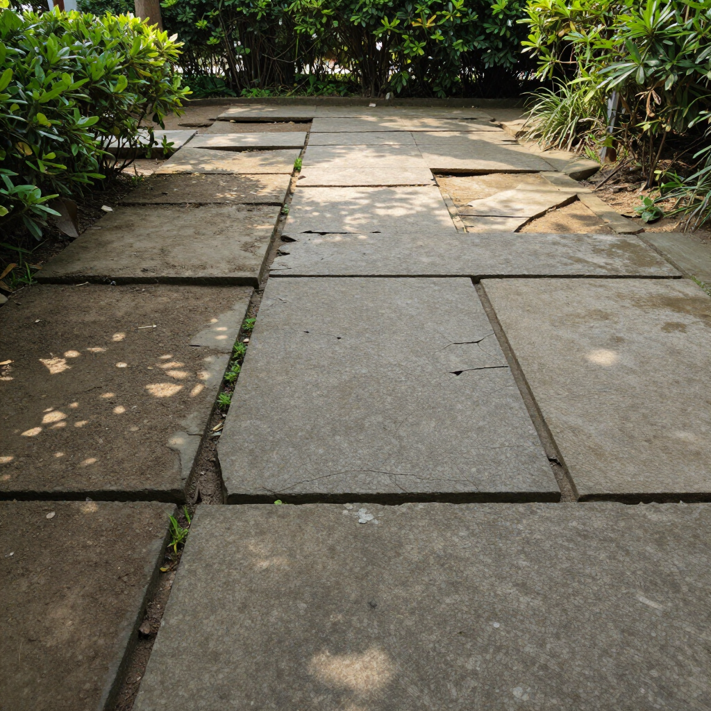Uneven stone garden path with raised slabs and greenery along the sides