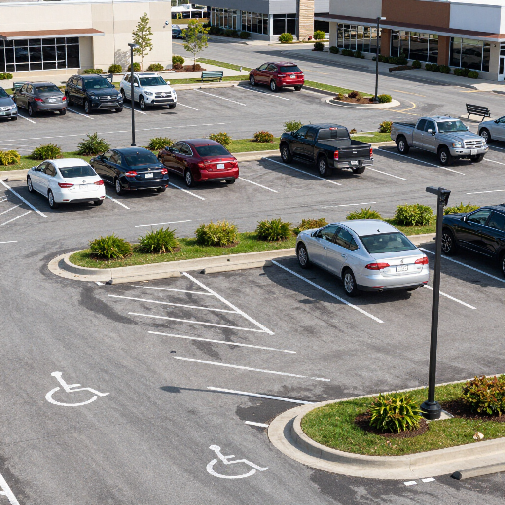 Parking lot with several cars and two accessible parking spaces marked in white.