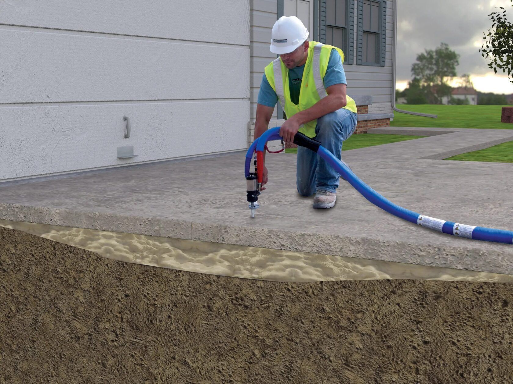 Worker using a jackhammer to break concrete beside a building, with a blue hose attached.