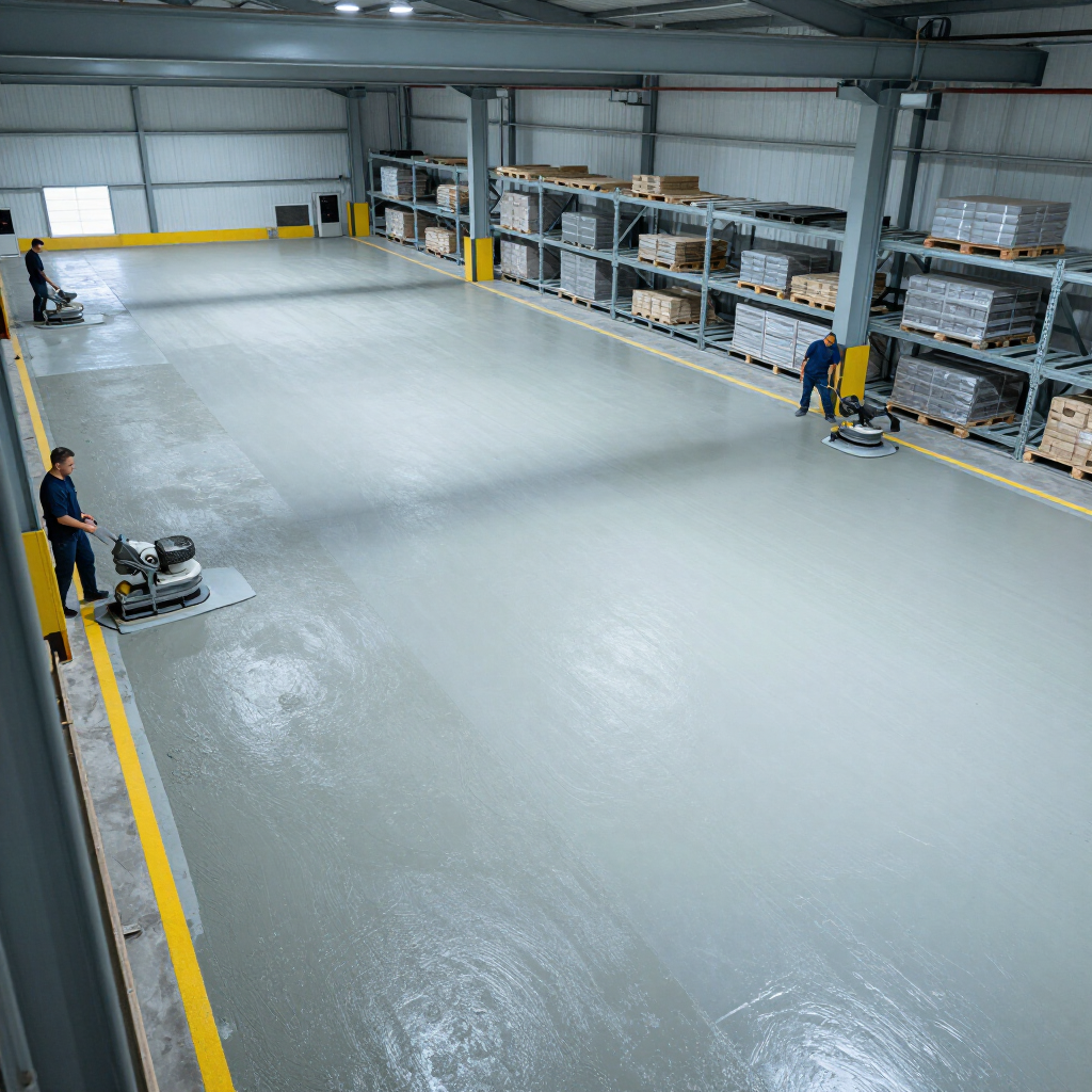 Warehouse floor being sealed by workers, with shelving and pallets along the walls.