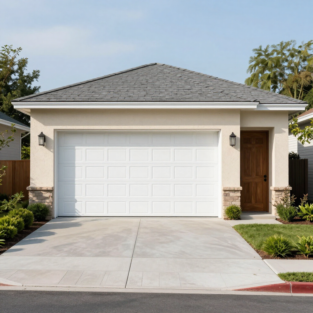 Single-story house with white garage door, gray roof, front walkway, and wooden entry door