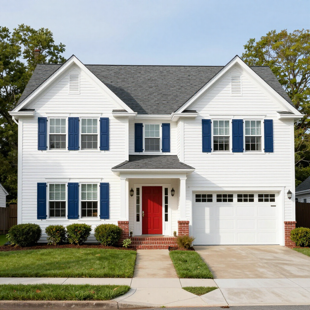 White two-story suburban house with blue shutters, red front door, and attached garage