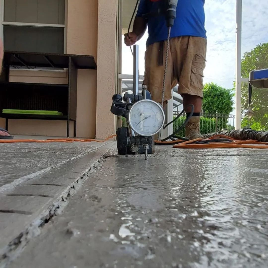 Worker pressure-washing a concrete floor near a garage, with a hose and pressure gauge in view