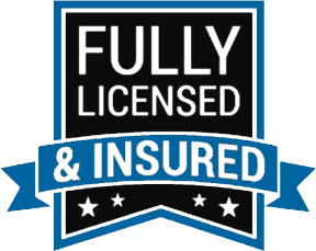 Black and blue badge reading “Fully Licensed & Insured” with stars and ribbon accents