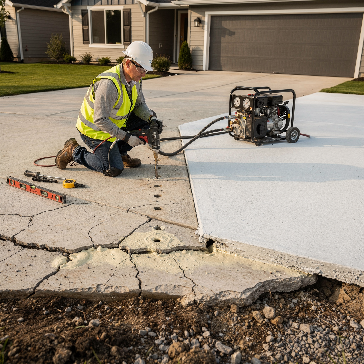 Worker repairing a cracked driveway beside a garage, using tools and equipment on a concrete slab.