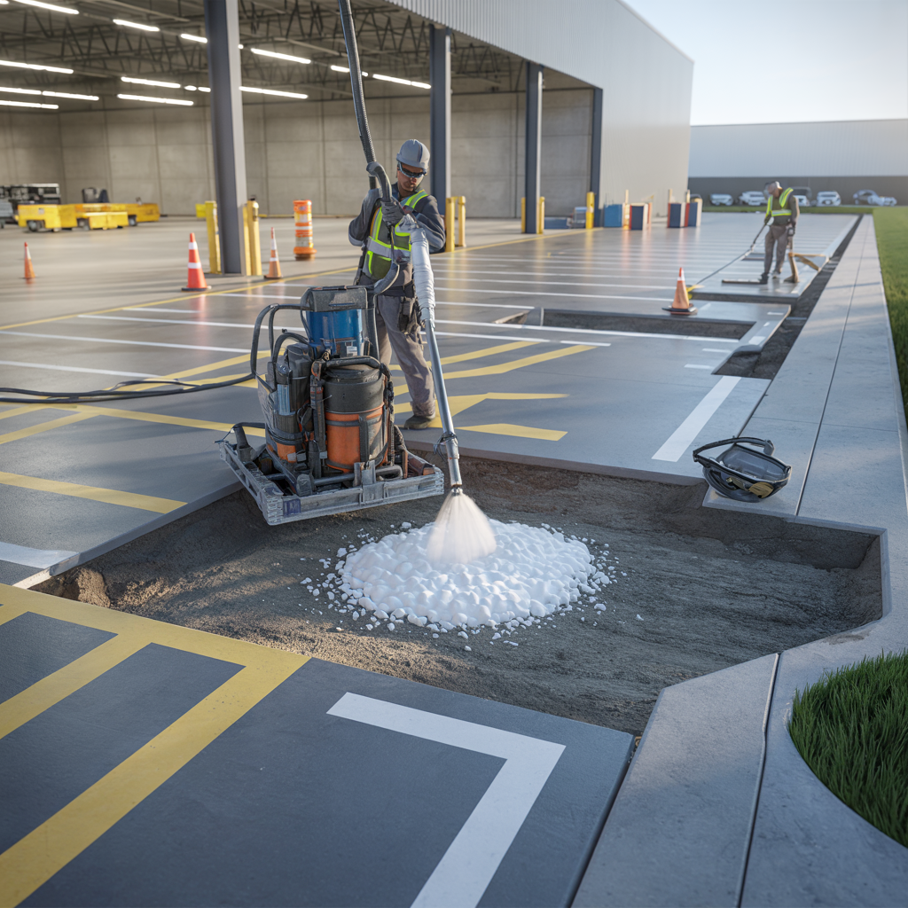 Worker cleaning a warehouse floor with a pressure washer, spraying white foam near loading dock bays