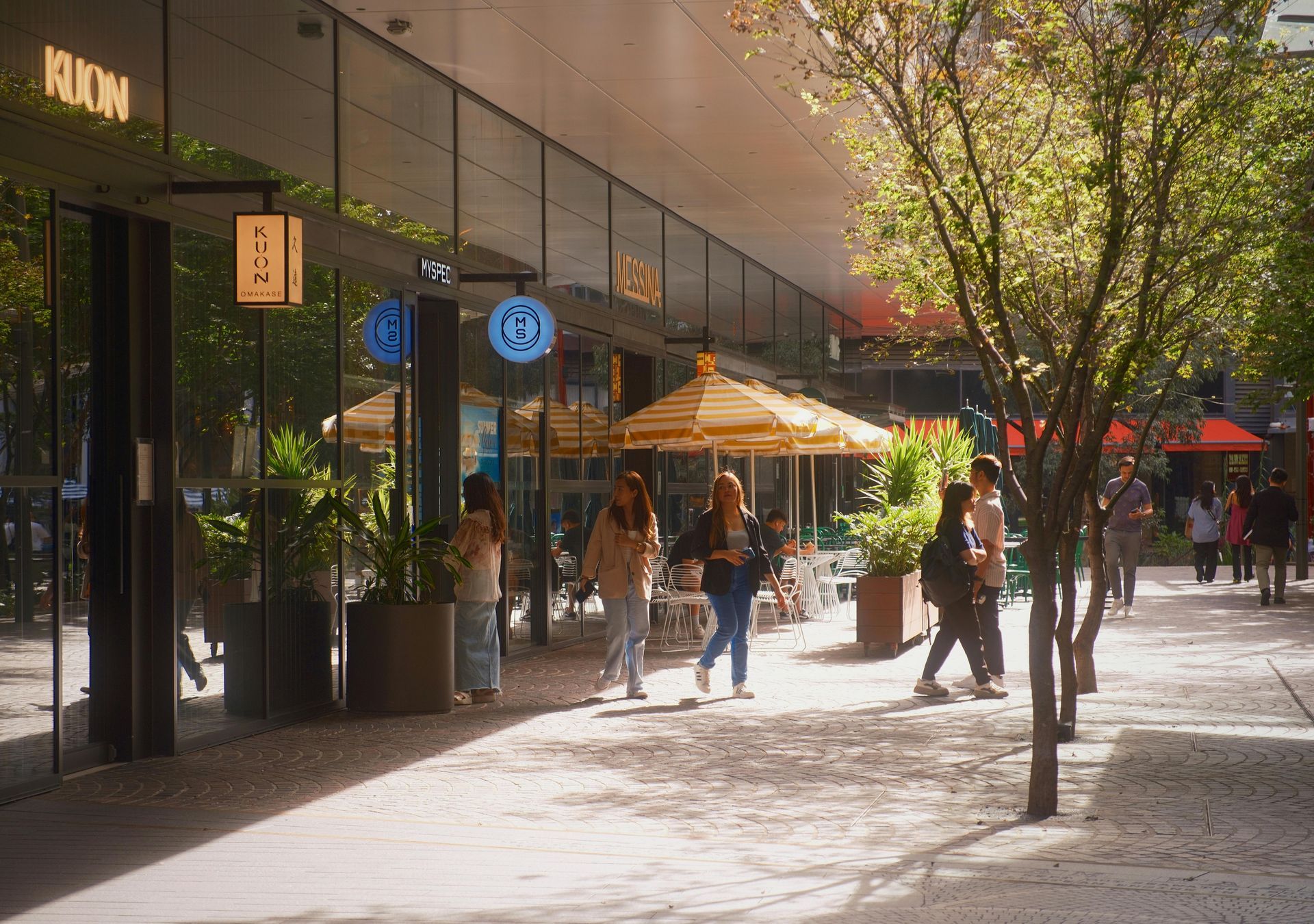 Pedestrian mall with shops, trees, and people walking under sunny daylight