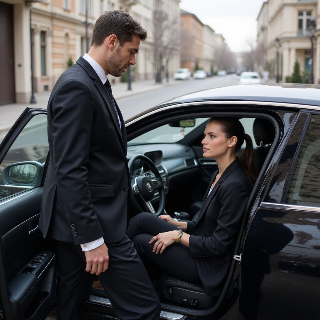 Une personne en costume se tient près d'une portière de voiture ouverte et regarde une personne assise à l'intérieur. Rue de la ville.