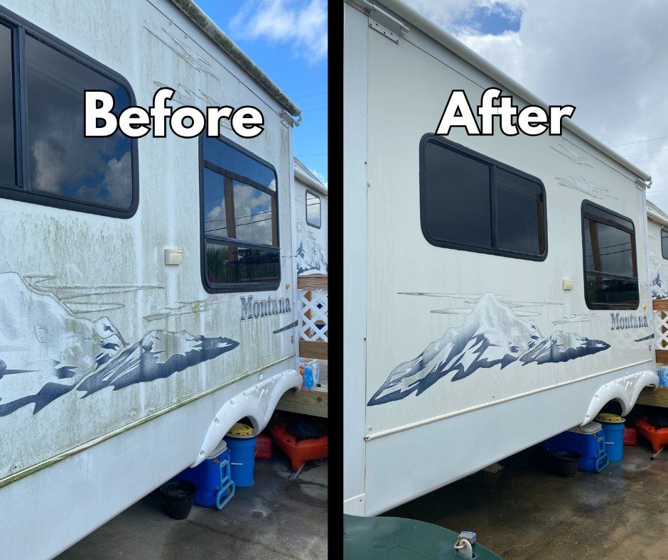 Before-and-after of a white RV exterior cleaned from dirty to bright white.